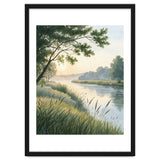 Serene River Sunrise Watercolor Painting with Meadow Grasses and Warm Golden Atmosphere Landscape thumbnail