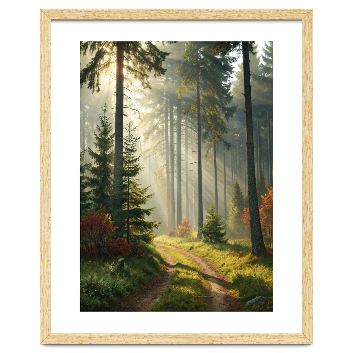 The Golden Path: Ethereal Sunbeams Piercing Through a Misty Evergreen Forest at Dawn