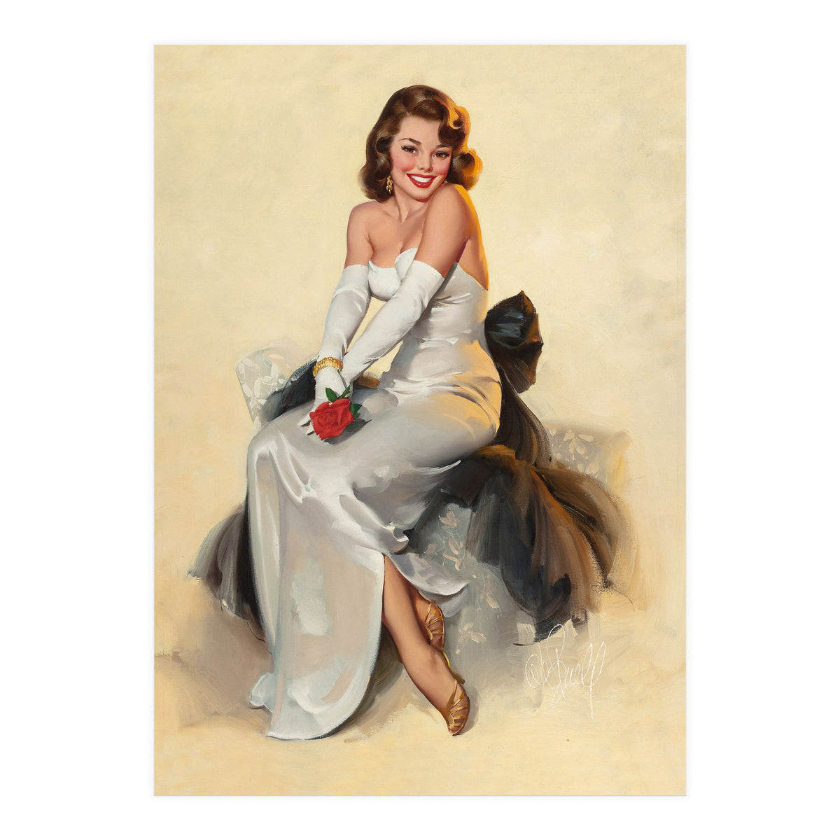 Smiling Young Woman Posing With Flower (Print Only)