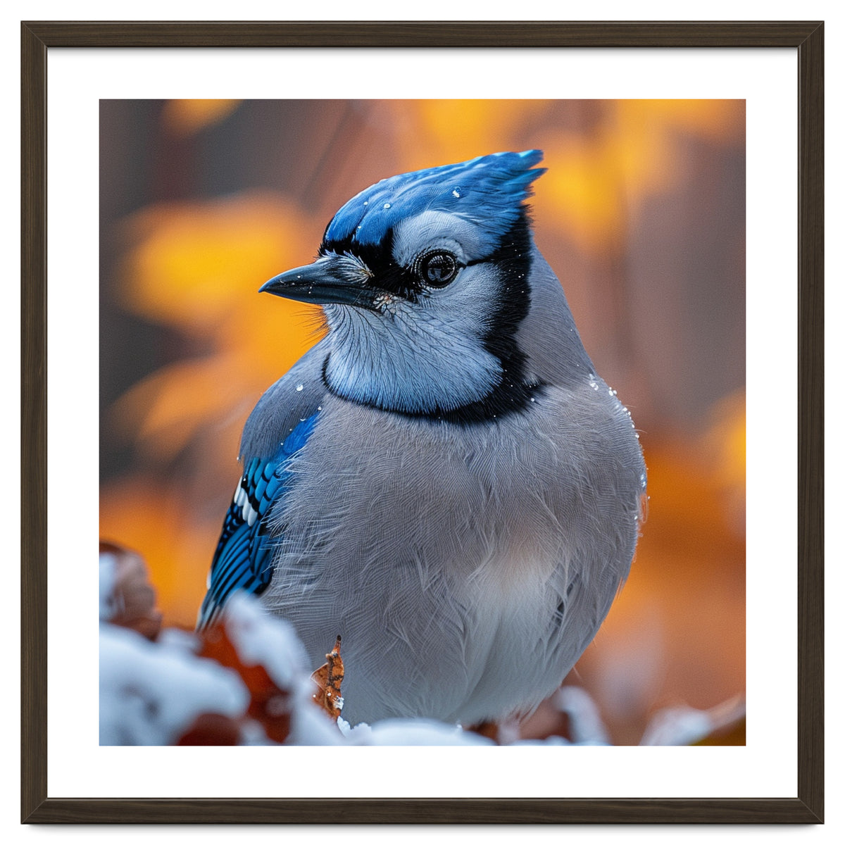 Blue Jay Bird In Winter Snowfall And Leaves