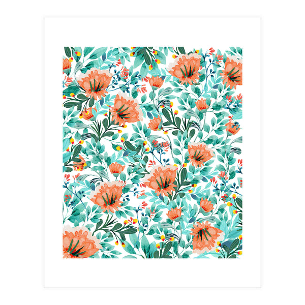 Tangerine Dreams, Orange & Mint Botanical Jungle Watercolor Painting, Colorful Plants Floral Summer (Print Only)