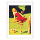 Pinup Girl In Red Dress Crossing The Barbed Wire While Looking At The Bull thumbnail