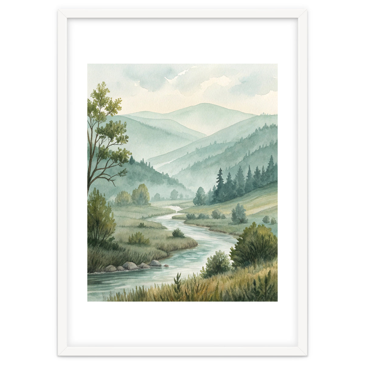 Serene River Valley in Soft Watercolor