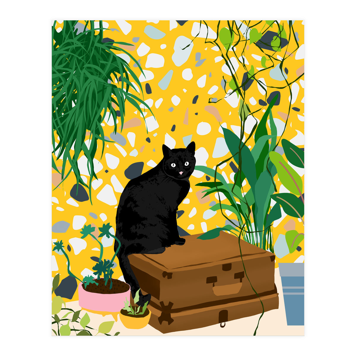 Urban Jungle Cat, Black Cats Pets Terrazzo Decor, Whimsical Bohemian Animals Illustration, Eclectic Quirky Travel (Print Only)