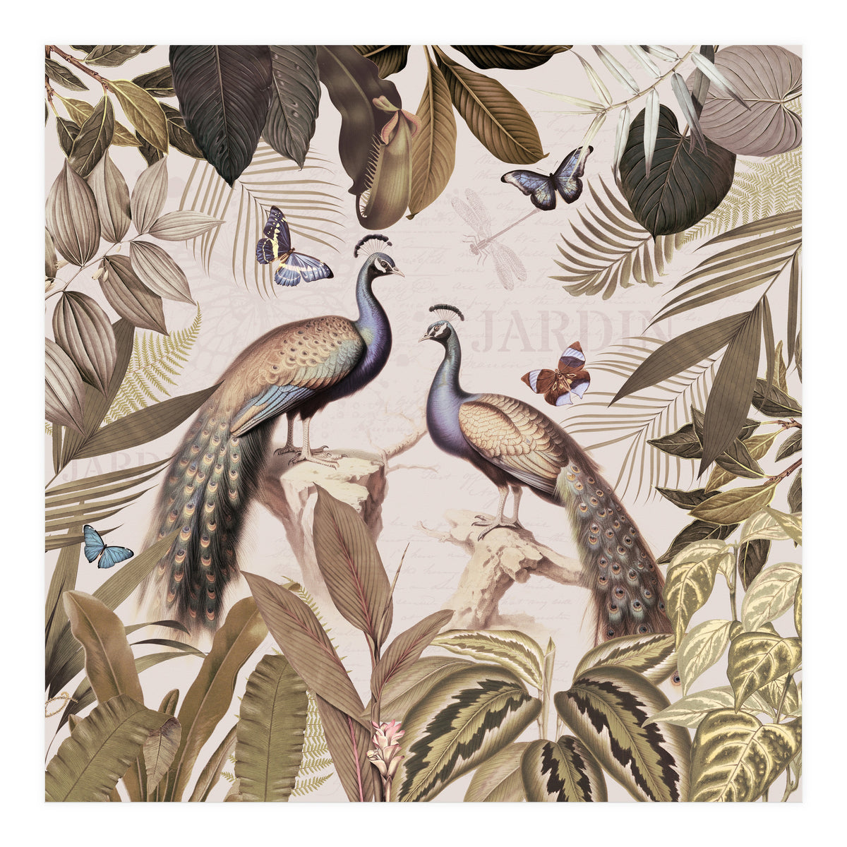 Vintage Sepia Exotic Peacocks Jungle (Print Only)