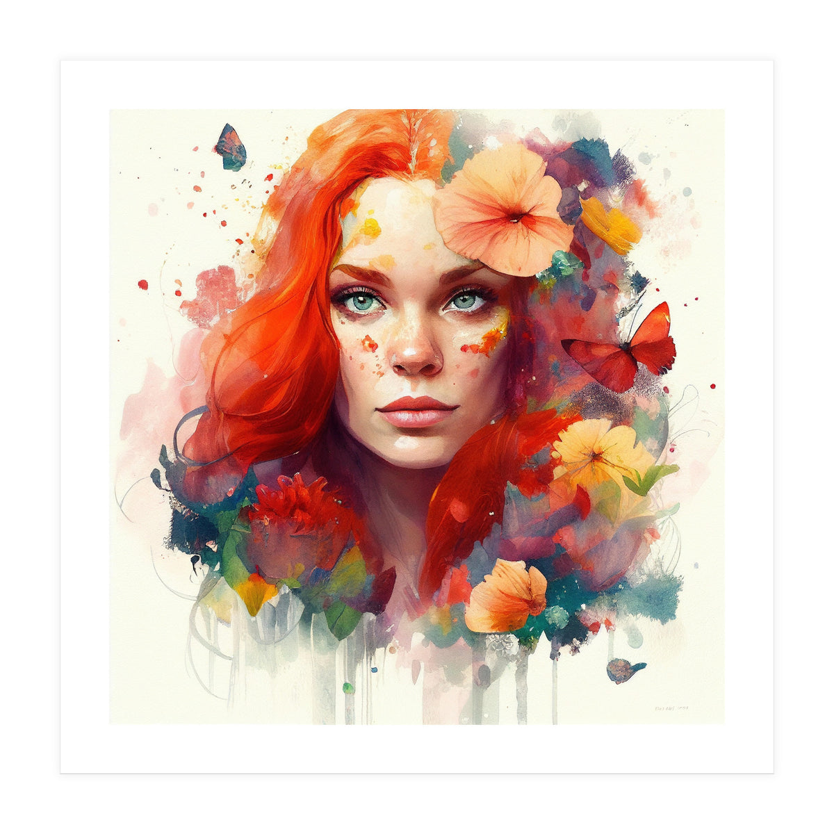 Watercolor Floral Red Hair Woman #5 (Print Only)