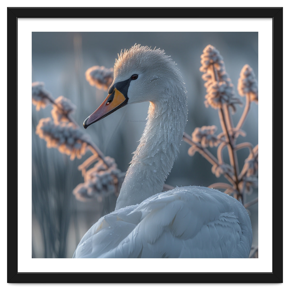 Swan Portrait Dew Drops Morning Light