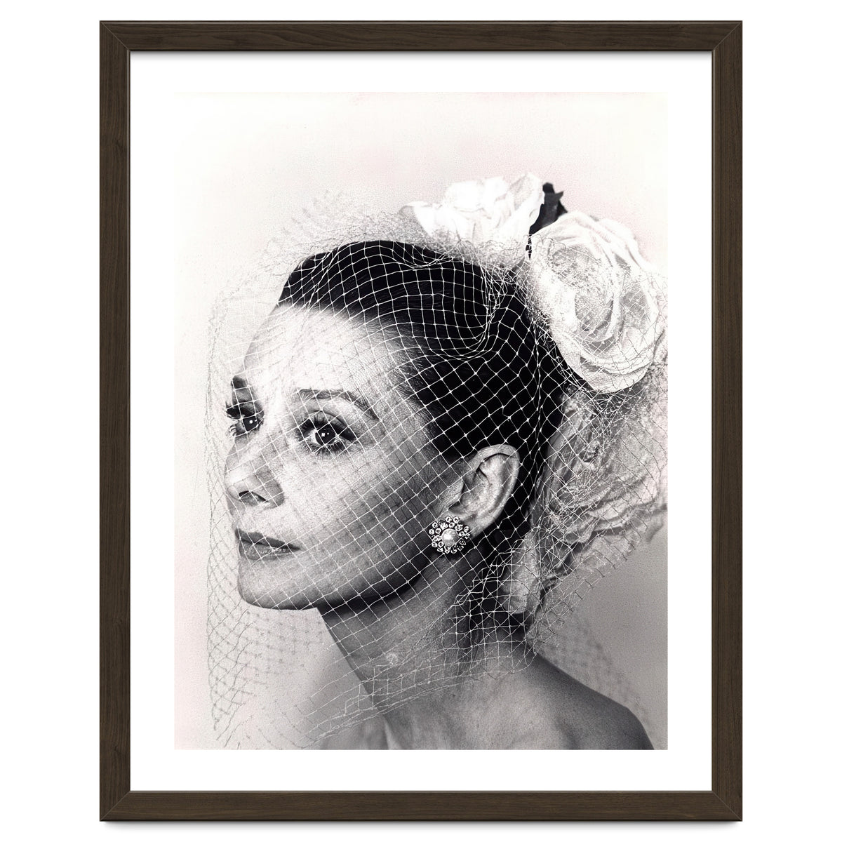 Audrey Hepburn with Veil, Classic Hollywood Glamour Photography, Black and White Icon Portrait