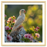 Albino Parrot Perched On A Rock Amongst Flowers thumbnail