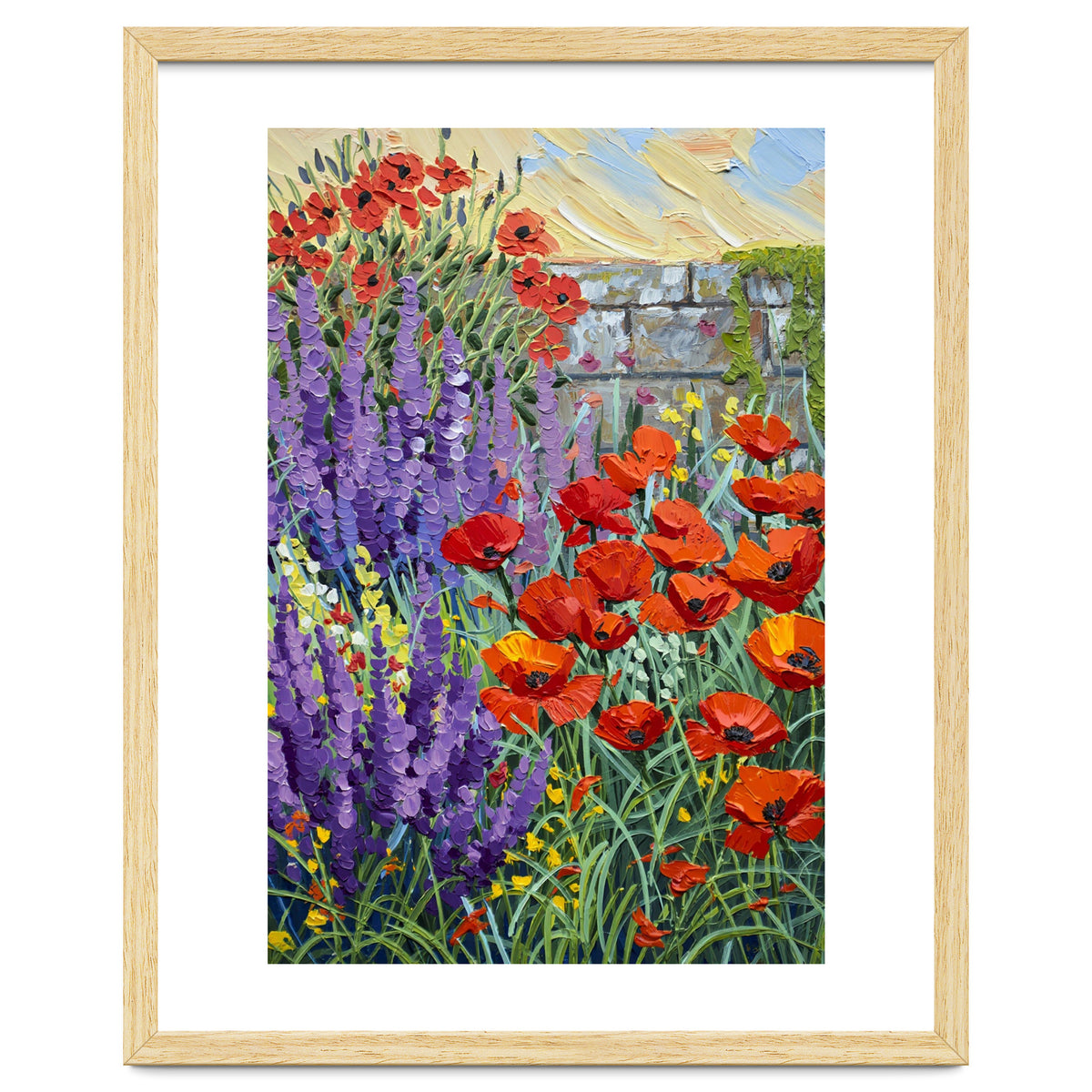 Vibrant Summer Poppy and Lavender Garden Oil Painting