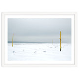 Seagulls in between the volleyball poles in winter snow beach thumbnail