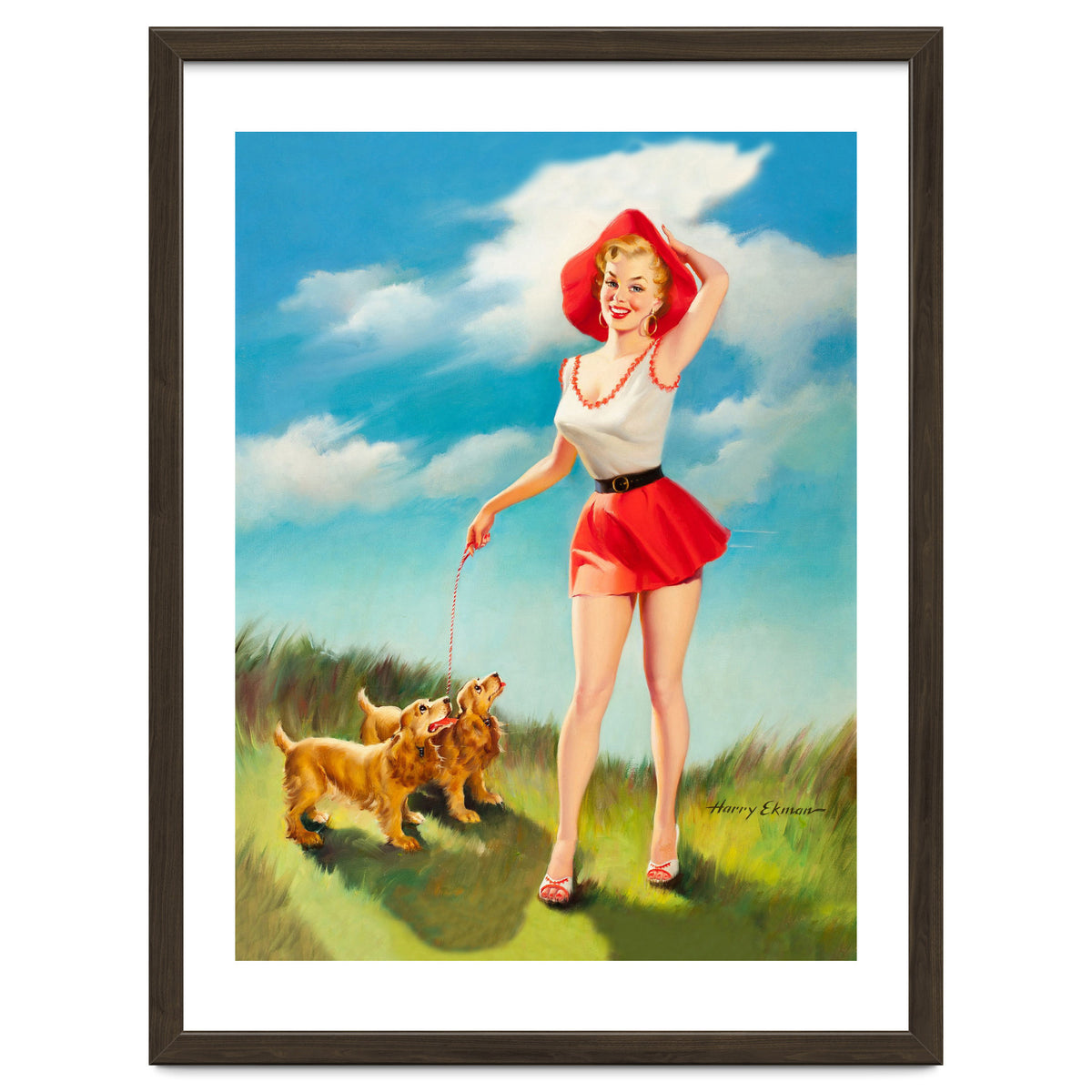 Pinup Girl In Little Red Dress And Two Dogs