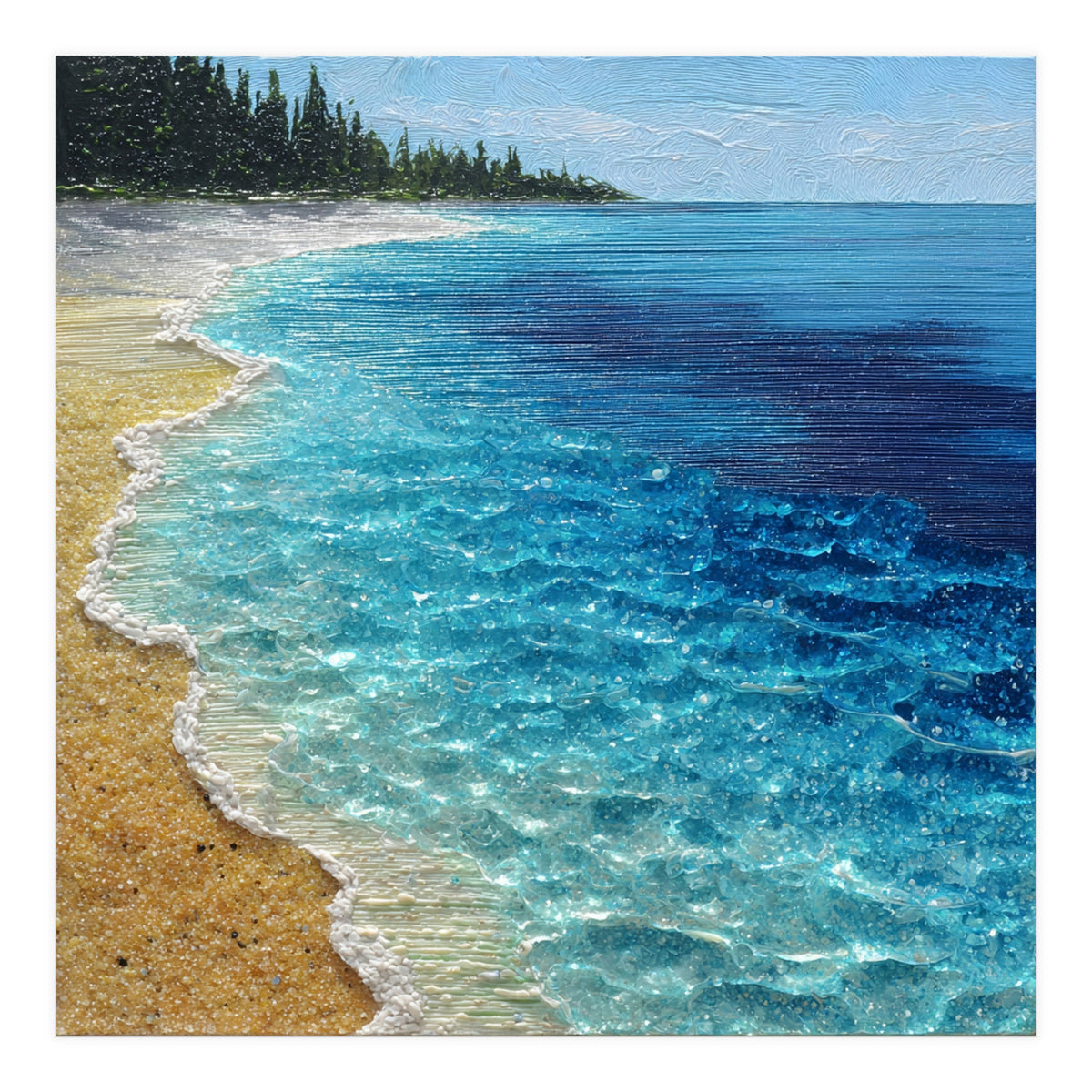 Sun-Drenched Coastal Shoreline with Textured Impasto Waves (Print Only)