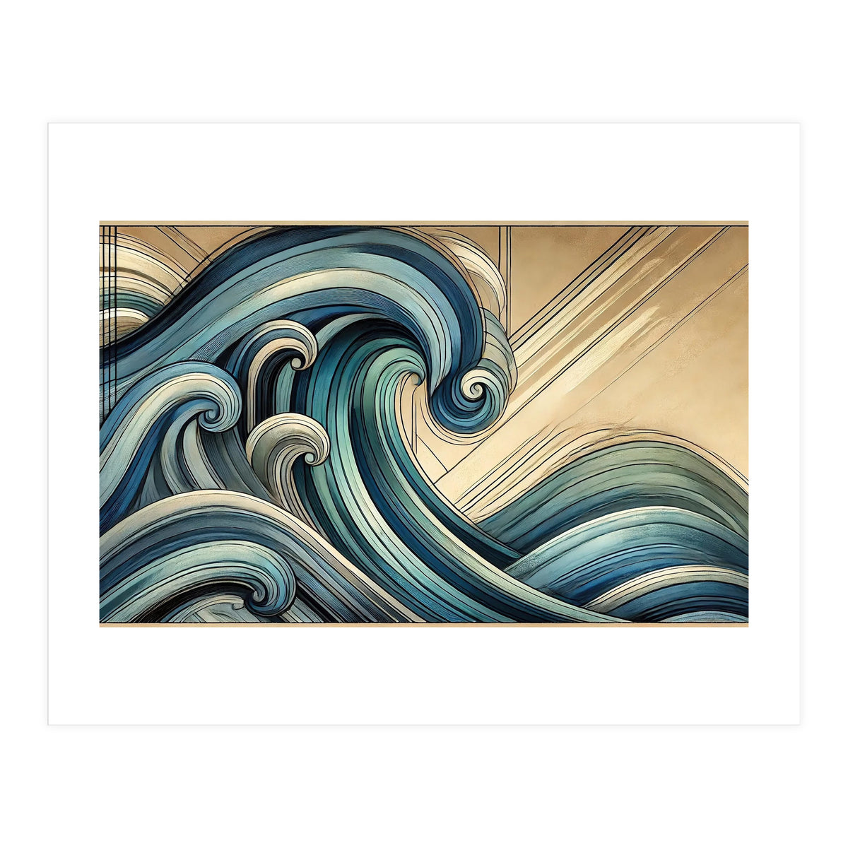 Art Deco Blue Ocean Waves (Print Only)