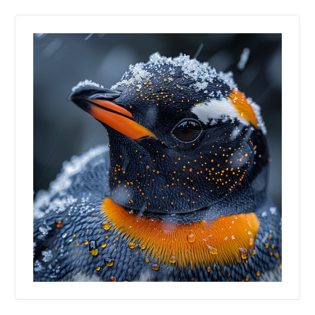 Close Up Penguin In Snow With Water Droplets (Print Only)