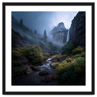 Majestic Misty Mountain Valley with Cascading Waterfall