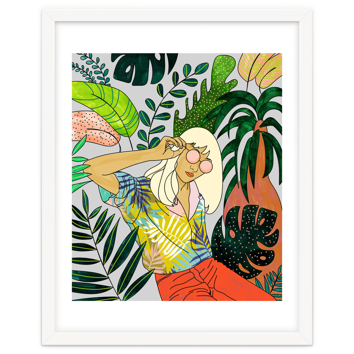 Spring Break, Tropical Bohemian Travel Line Art, Woman Fashion Palm Forest Jungle Watercolor Nature
