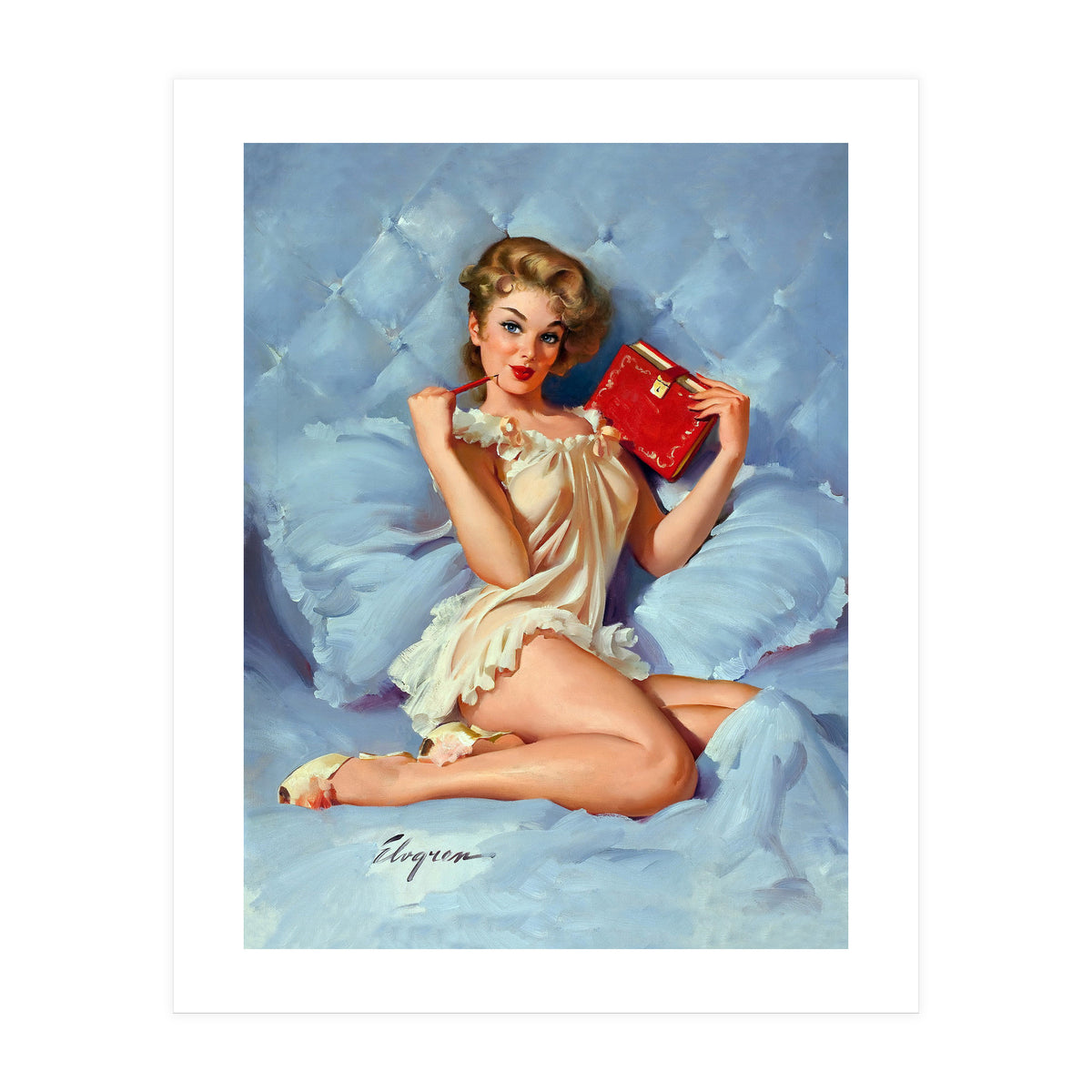 Pinup Sexy Girl Posing With Her Red Book (Print Only)