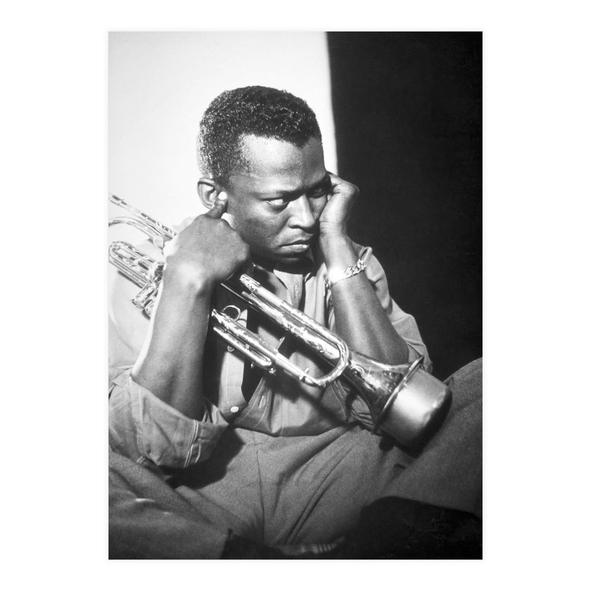 Jazz trumpeter Miles Davis early in his career playing in New York City, circa 1955. (Print Only)