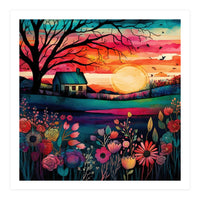 Watercolor Folk Art Sunset Landscape (Print Only)