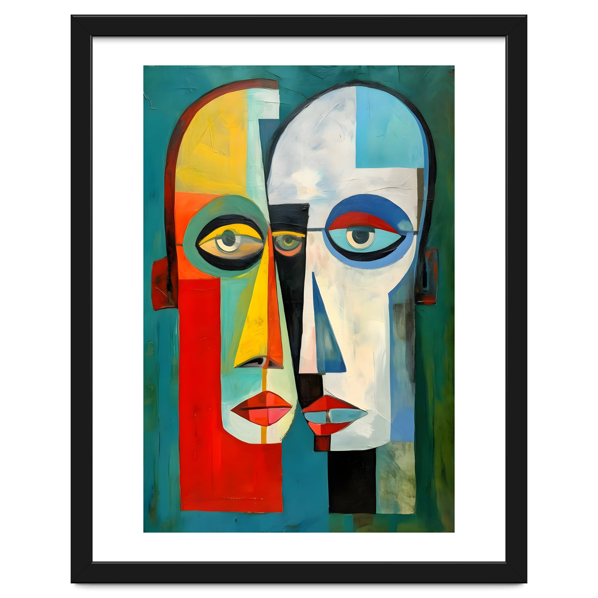 INSEPERABLE #02, Abstract robotic looking heads merged in bright vivid hues with emphasis on the eyes.