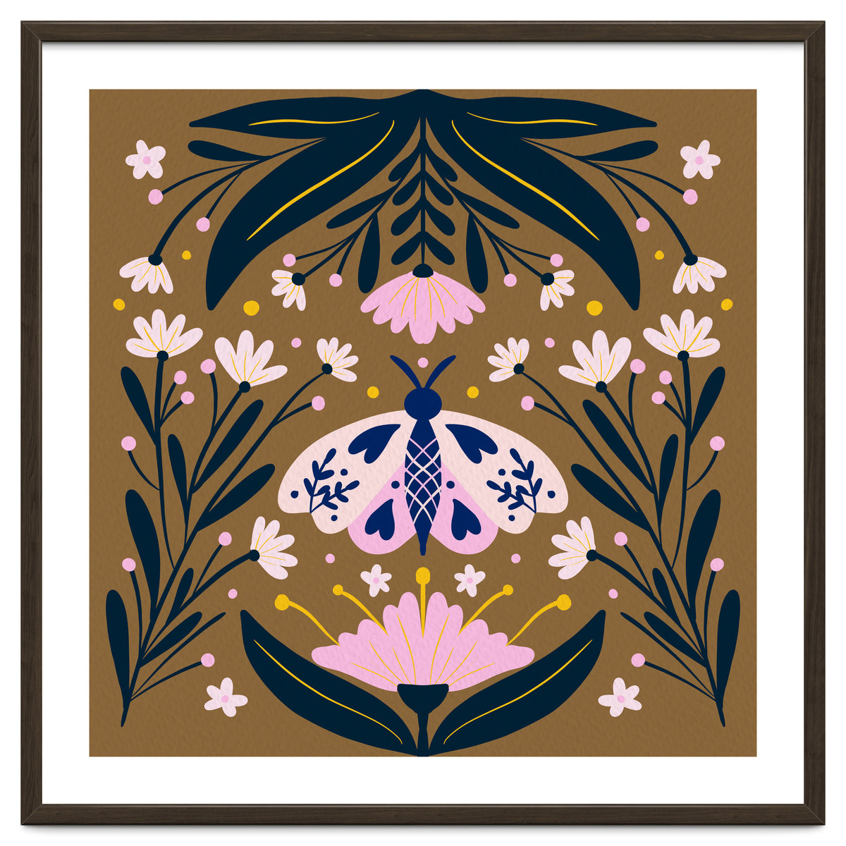 Pink Moth with Flowers on a brown background