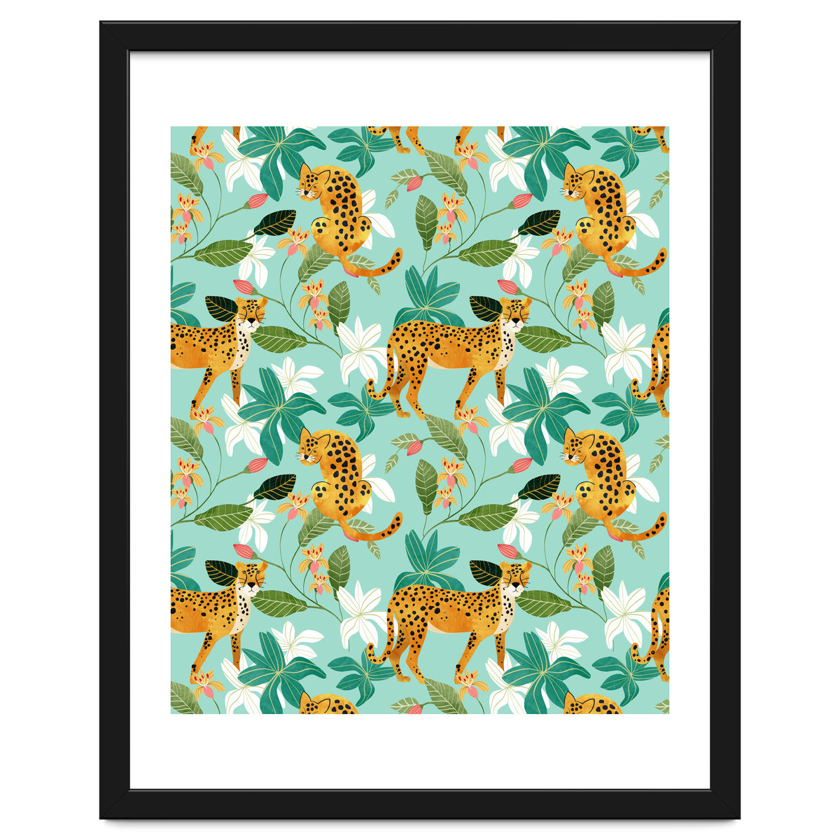 Cheetah Jungle, Wildlife Nature Wild Cats Tigers Leopard Botanical Animals Mint Quirky Illustration