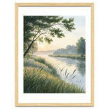 Serene River Sunrise Watercolor Painting with Meadow Grasses and Warm Golden Atmosphere Landscape thumbnail