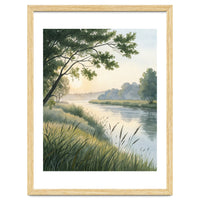 Serene River Sunrise Watercolor Painting with Meadow Grasses and Warm Golden Atmosphere Landscape
