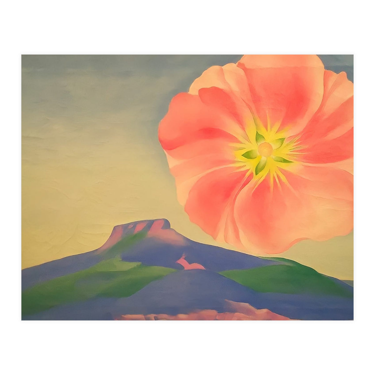 Georgia O’Keeffe – Hollyhock Pink with Pedernal (1937) | Vibrant Modernist Floral Landscape of New Mexico (Print Only)