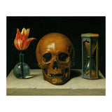 Vanitas, allegory of fleeting time with skull and hour-glass. Oil on canvas. (Print Only) thumbnail