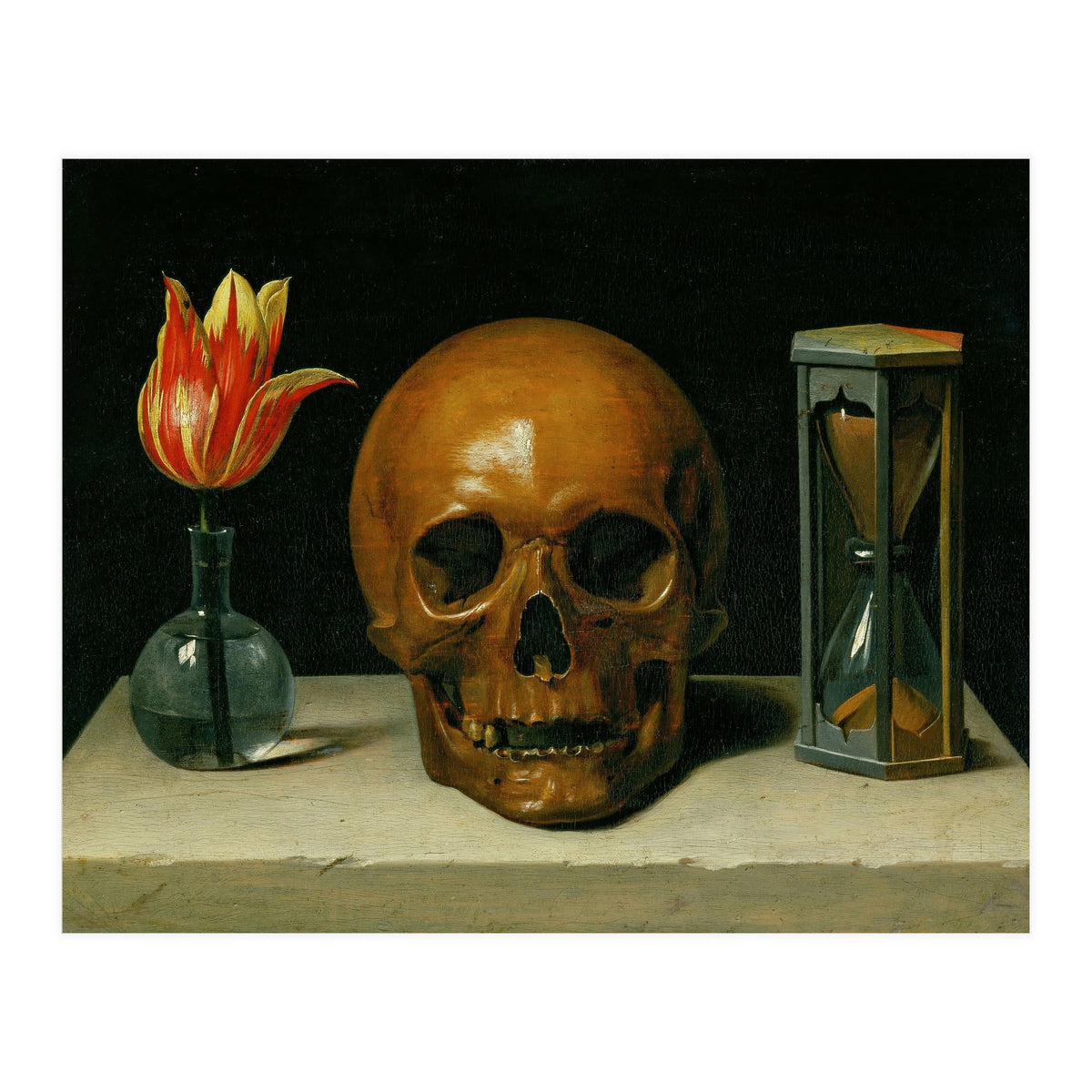 Vanitas, allegory of fleeting time with skull and hour-glass. Oil on canvas. (Print Only)