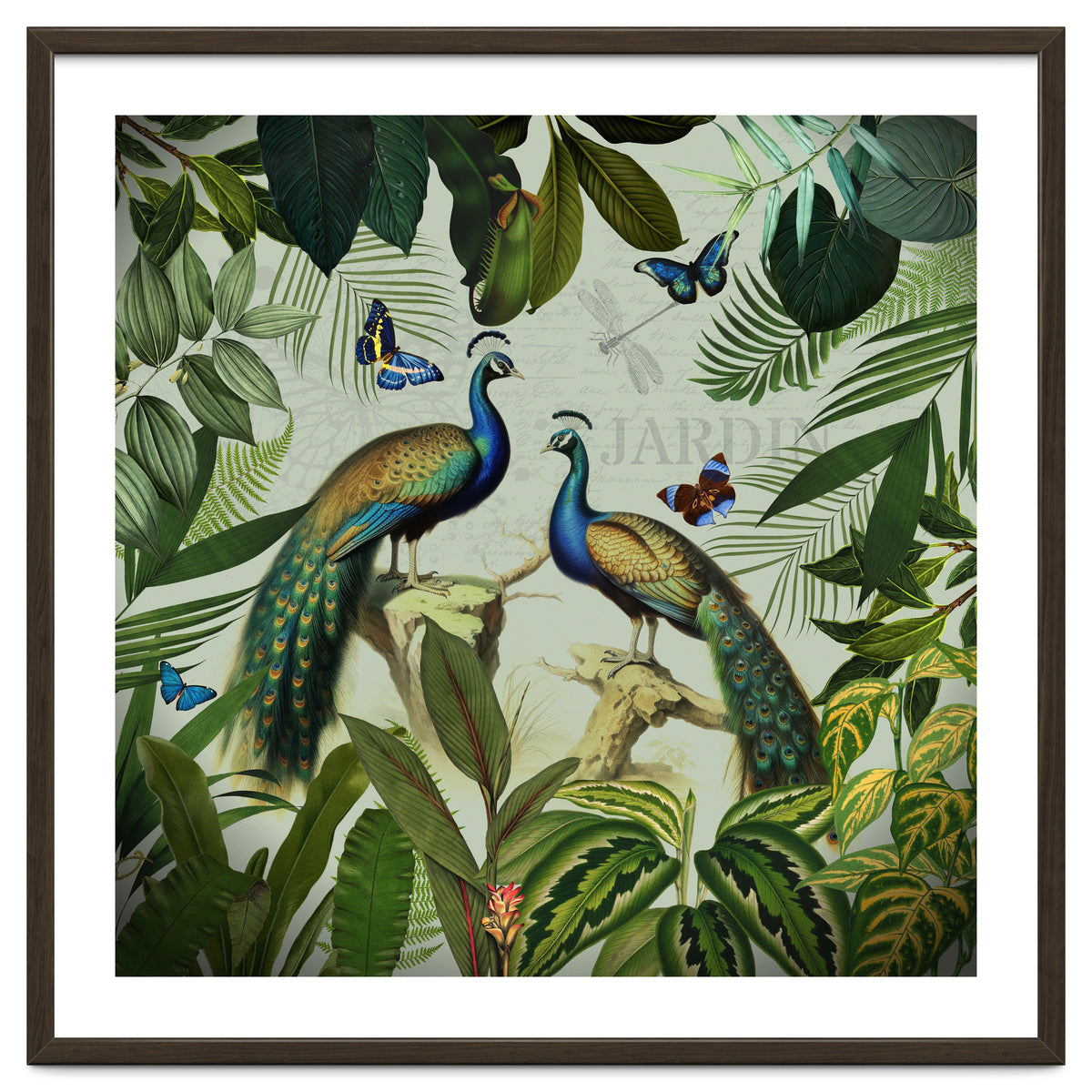Vintage Exotic Asian Peacocks In Tropical Jungle Landscape