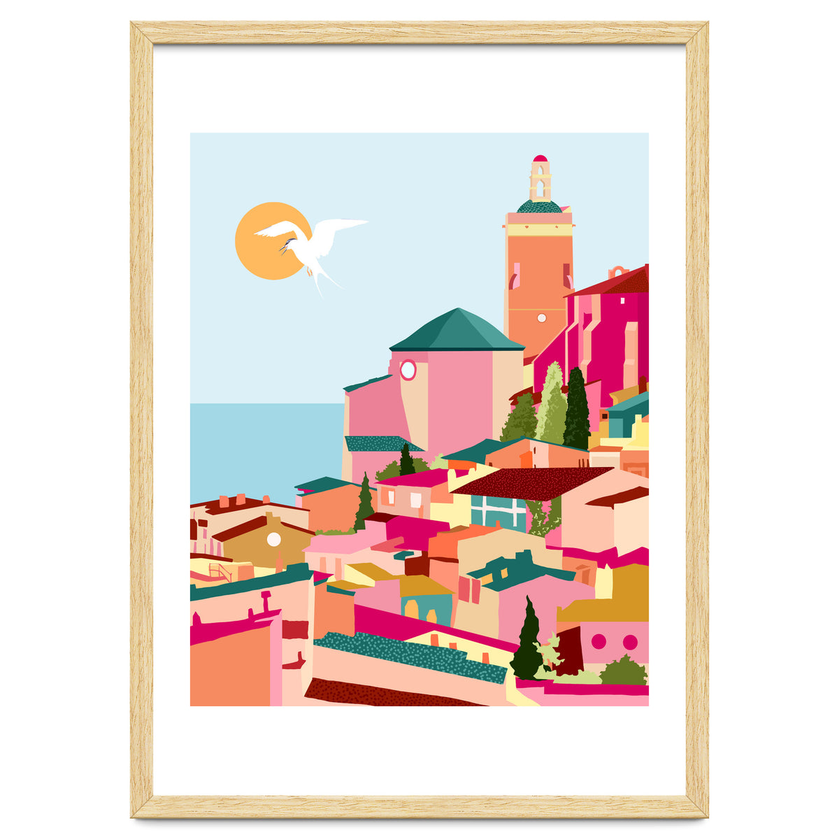 Crimson Rouge, Colorful Architecture Buildings, Greece Cityscape Skyline, Seagull Travel Summer Eclectic Bohemian Pop Of Color Positivity