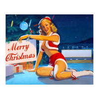 Pinup Girl In Santa Costume With Marry Christmas Sign (Print Only)