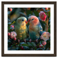 Two Lovebirds Perched On A Branch Near Flowers