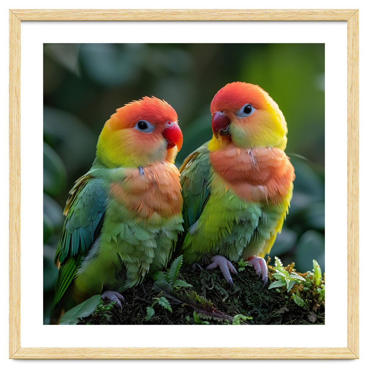 Lovebirds Perched Together On Mossy Branch