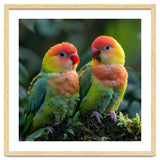 Lovebirds Perched Together On Mossy Branch thumbnail