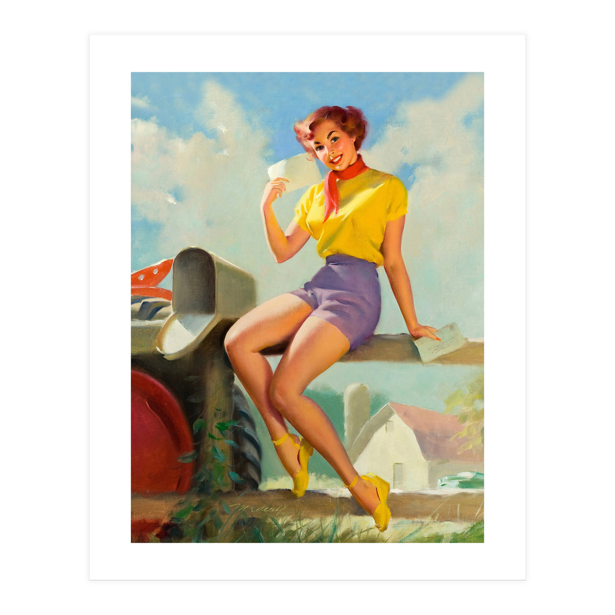 Pinup Girl On A Fence Showing A Love Letter (Print Only)