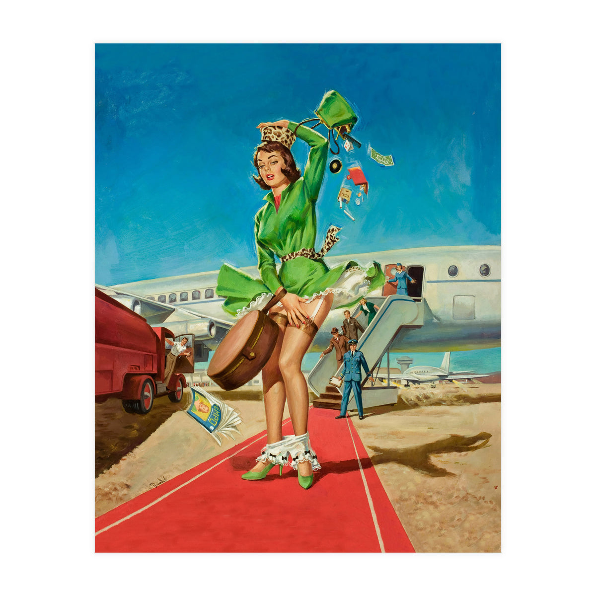 Sexy Pinup Brunette Experiencing Sudden Wind At The Airport (Print Only)