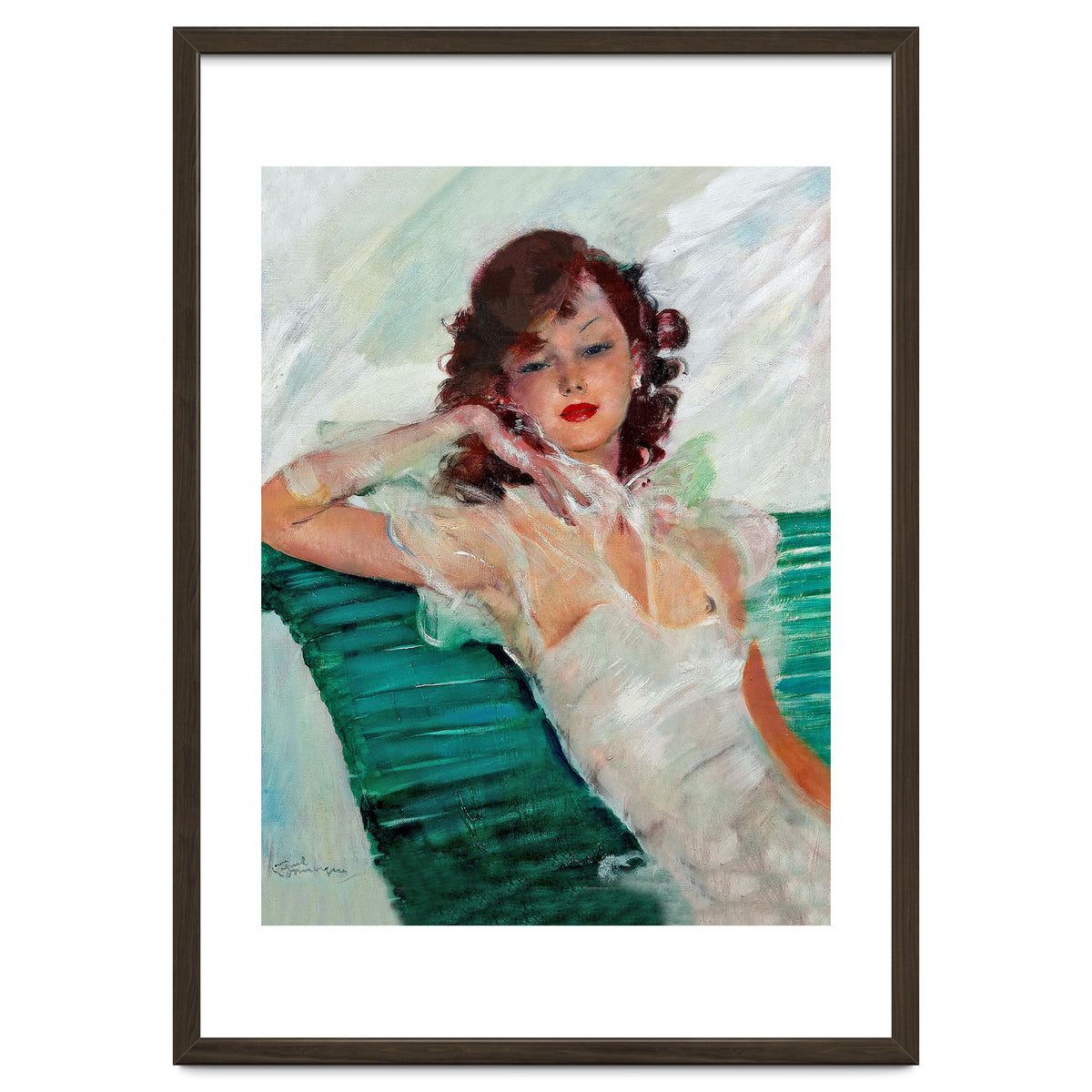 Girl Is Resting On A Green Bench, Watercolor Painting