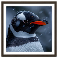 Close Up Penguin Portrait In Snowy Weather