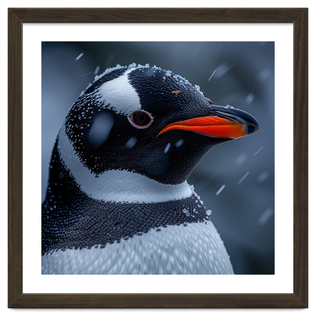 Close Up Penguin Portrait In Snowy Weather