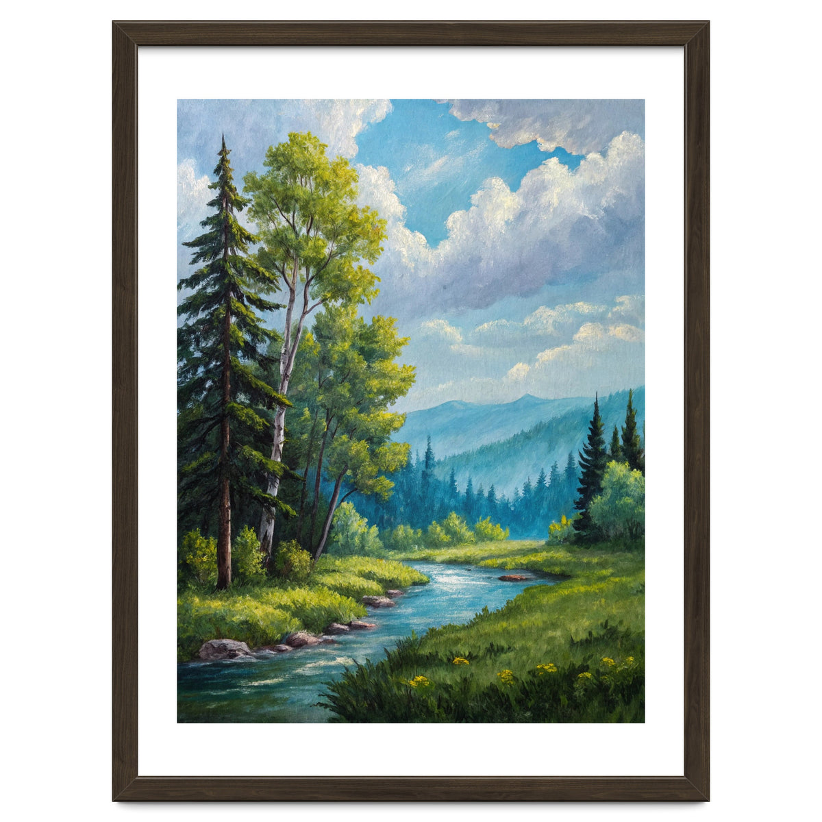 Serene Mountain River Landscape Oil Painting