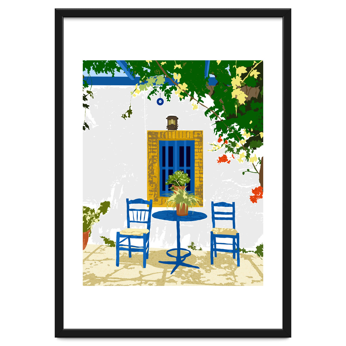 Greek Vacay For Two, Evil Eye Santorini Travel Summer, Eclectic Travel Architecture White Buildings Cafe