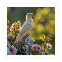 Albino Parrot Perched On A Rock Amongst Flowers (Print Only)