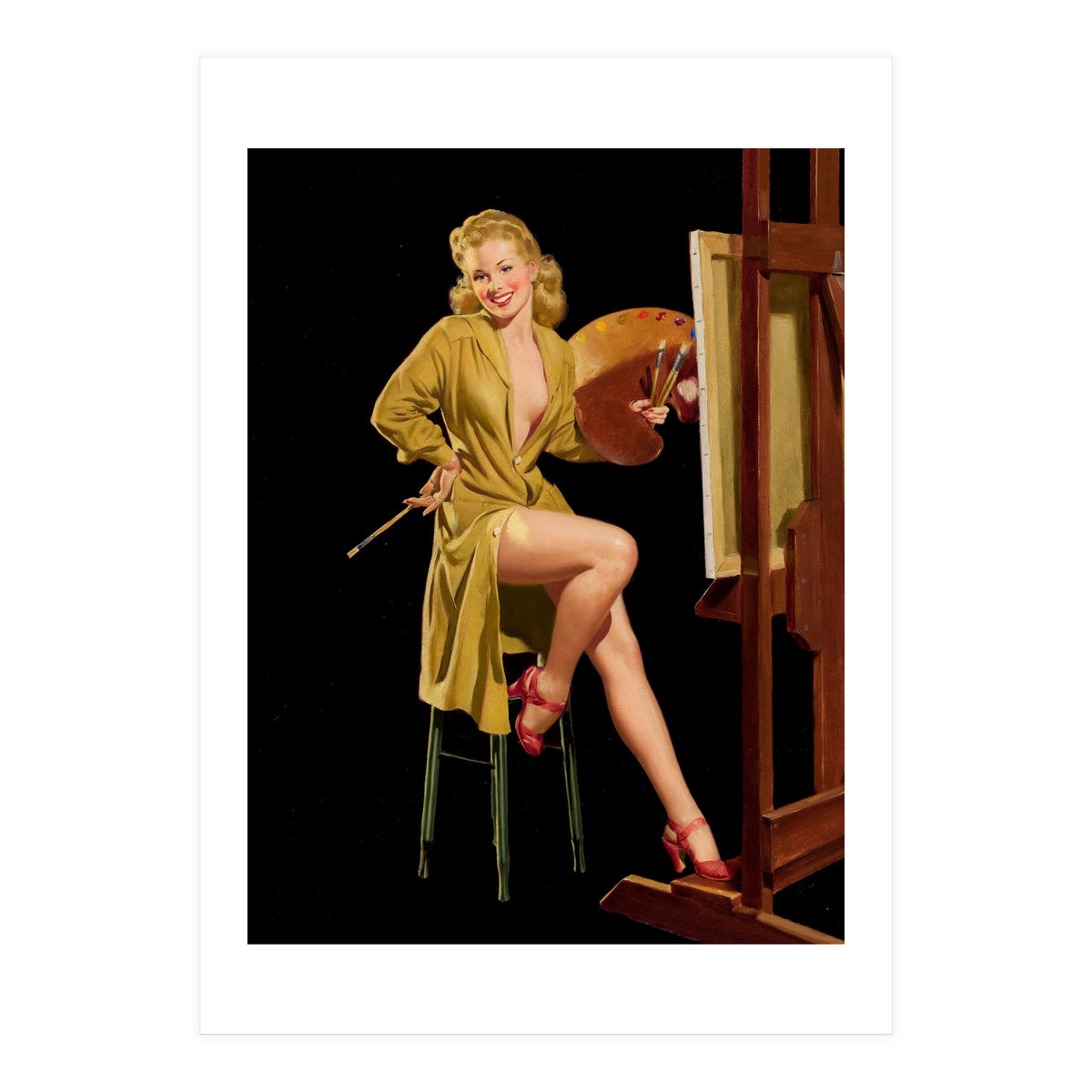 Young And Beautiful Woman Posing In Front Of The Painting Canvas (Print Only)