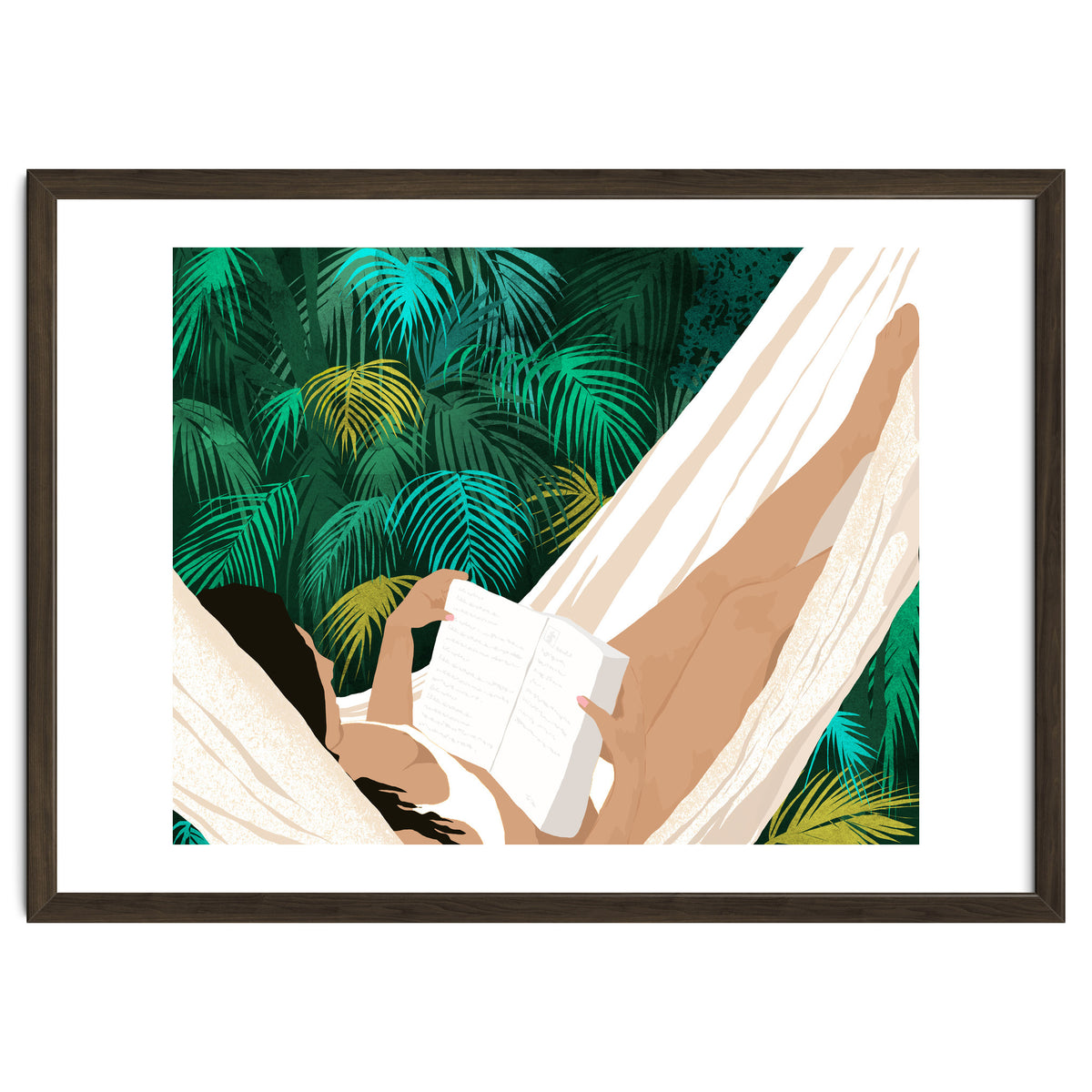 Summer Hammock Reading, Tropical Jungle Travel, Watercolor Nature Bohemian Forest Plants, Palm Beach