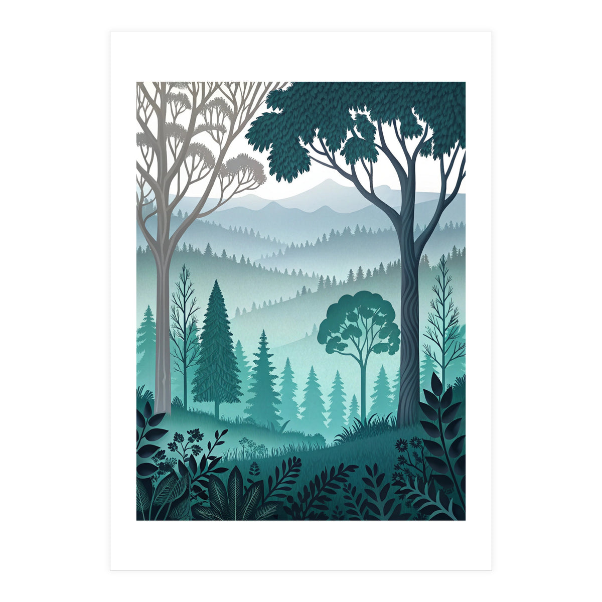 Vibrant Silhouettes in the Misty Teal Highlands (Print Only)