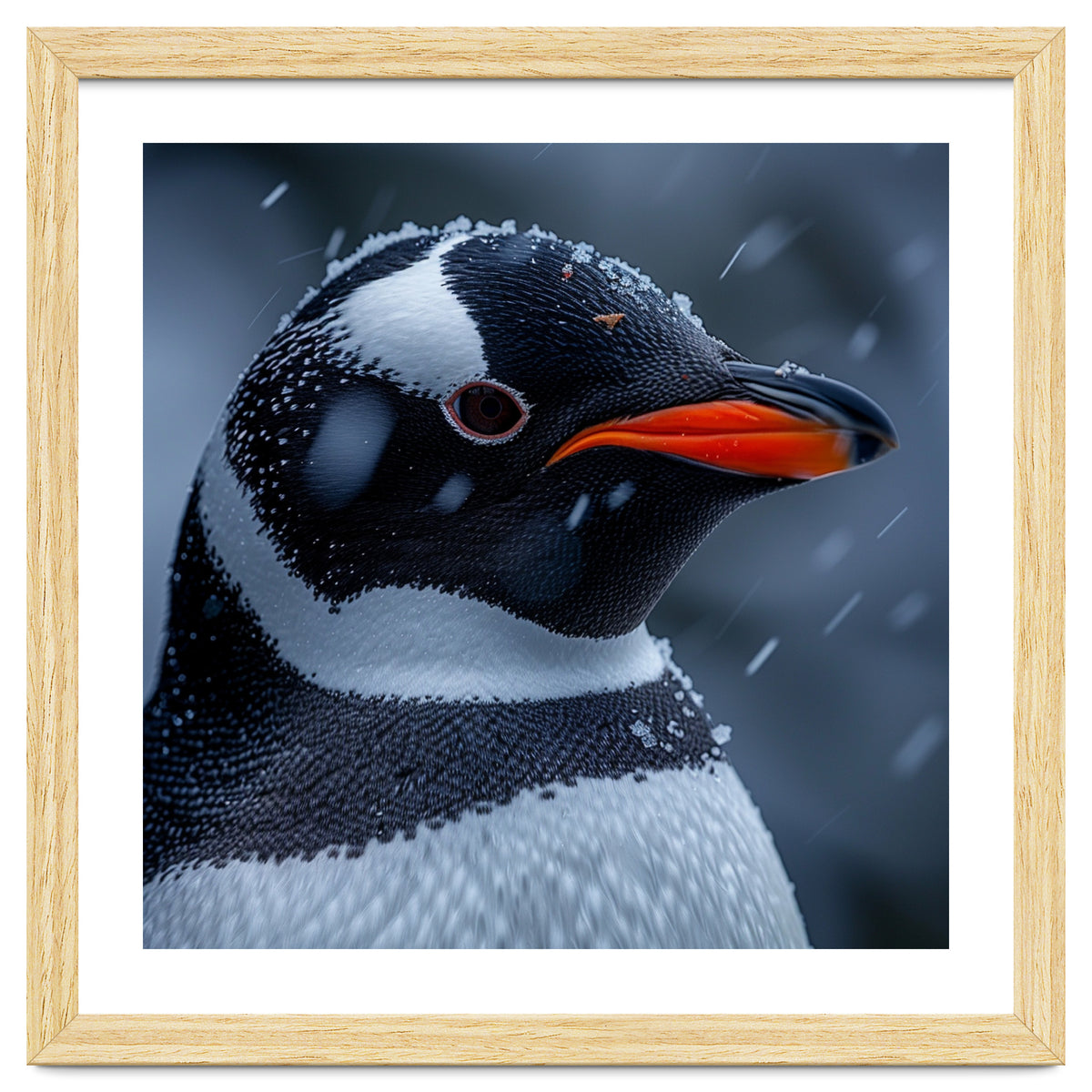 Close Up Penguin Portrait In Snowy Weather